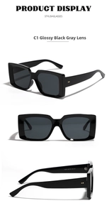 Multiple views showing oversized square frame sunglasses with black glossy finish