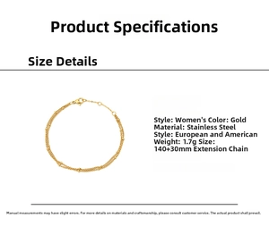 Detailed size parameters for a gold double-layer stainless steel beaded chain bracelet