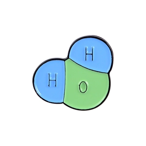 H2O molecule enamel pin featuring blue hydrogen and green oxygen atoms on white background