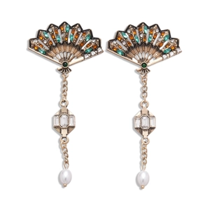 Orecchini vintage a ventaglio con strass e perle bianche a goccia pendenti