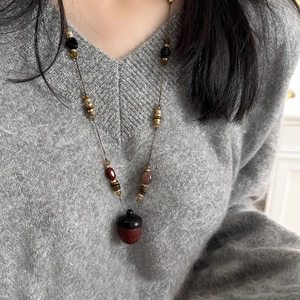 Acorn Pendant Necklace Wood Stone Beaded Retro Ethnic Style Long Sweater Chain Jewelry For Women