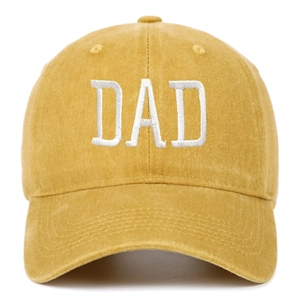 Detailed view of washed cotton fabric and white DAD embroidery on the ginger baseball cap
