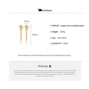 Detailed size chart for 18k gold plated long pearl earrings with flower zircon design
