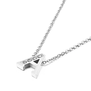Silver stainless steel uppercase letter A pendant necklace with sparkling rhinestones