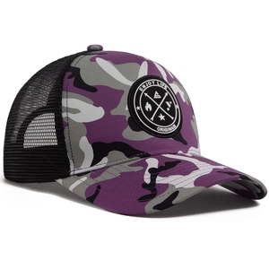 Purple camouflage mesh trucker hat with round patch and breathable black nylon mesh