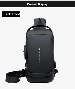 Detail of black anti-theft sling bag featuring TSA lock, USB port and durable material
