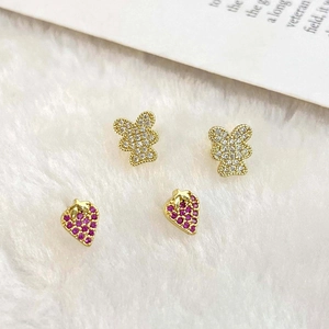 Sweet 18k gold plated strawberry and bear stud earrings set with sparkling zircon stones