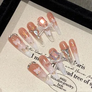 Handmade Press On Nails Long Stiletto Gradient Pink White With 3D Butterfly Rhinestone Bow Knot Elegant Reusable False Nails