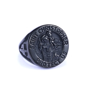 Vintage black stainless steel Saint Christopher ring with religious relief engraving