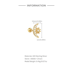 Detailed size specifications for 925 sterling silver star and moon stud with zircon
