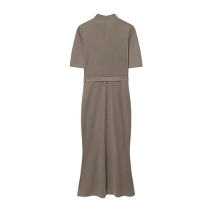 Detailed back view of a taupe midi dress showing the high collar and zipper closure