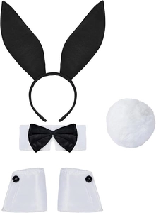 Macro detail of 4-piece bunny cosplay set featuring satin ears, tail, bowtie and cuffs