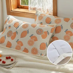Breathable 4-layer cotton gauze pillow towel with lemon pattern and elastic straps