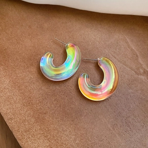 Detailed side view of iridescent acrylic C-shaped earrings with translucent colorful finish
