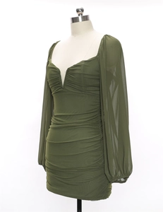 Close-up of military green V-neck mesh dress with pleated texture and sheer long sleeves