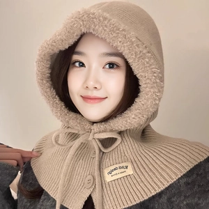 Khaki knitted balaclava hood with plush lining and drawstring closure for women