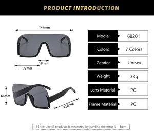 Detailed size chart for oversized semi-rimless shield sunglasses showing dimensions