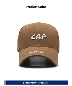 Détail de la broderie CAP en relief blanc sur une casquette en coton marron