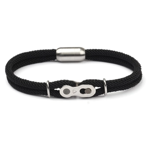 Mountain bike chain link bracelet with black braided rope and silver magnetic clasp