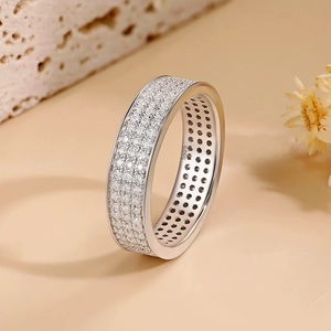Luxury 925 Sterling Silver Moissanite Three Row Eternity Ring White Gold Plated Inlaid Band Ring For Women Jewelry