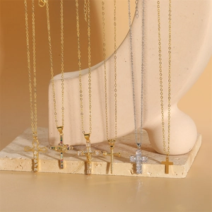 Hollow retro zircon cross pendant necklace set in gold and silver finish with fine chain