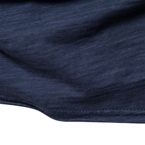 Navy blue slub cotton t-shirt fabric texture and double-needle hem stitching detail