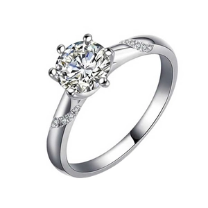 Classic six-prong moissanite ring with micro-pave diamonds on silver metal band