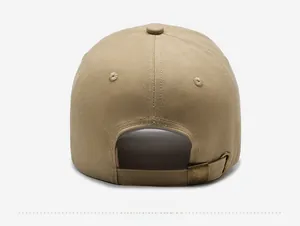 Detail view of khaki cotton baseball cap back with adjustable metal buckle strap