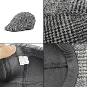 Classic black and gray plaid flat cap for elderly men with warm ear protection lining