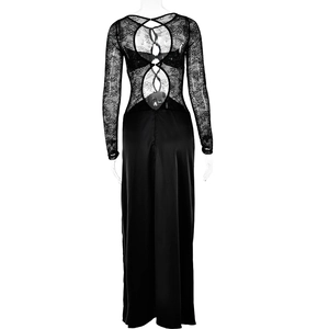 Detail of the back view showing lace texture, open back, and crisscross straps on a black dress