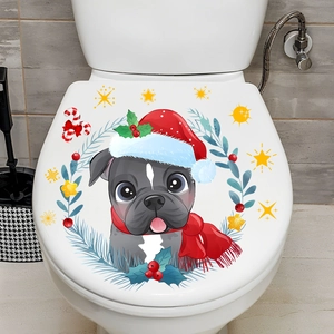 Detail of Christmas toilet sticker with festive bulldog and holly wreath decoration