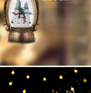 Detail of Christmas lantern snow globe with snowmen, net weight 1262g and music switch