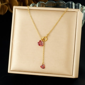 Heart Pendant Necklace Stainless Steel Red Rhinestone Y-Shaped Gold Plated Minimalist Jewelry For Women