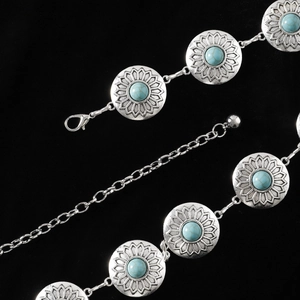Vintage silver metal waist chain with turquoise sunflower charms and lobster clasp