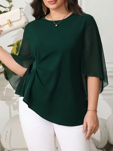 Elegant dark green round neck top with chiffon petal sleeves and side waist ruching detail