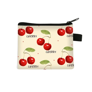 Cute fruit series cherry print coin purse with black zipper and large storage capacity