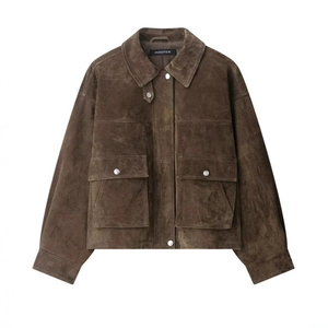 Brown faux suede bomber jacket with utility pockets and turn-down collar on white background