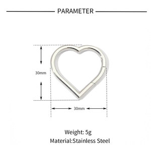 Detailed specs of a 30mm mirror polished stainless steel heart shape spring clasp