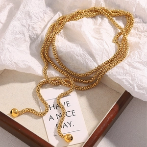 Minimalist Stainless Steel 18K Gold Plated Long Lariat Necklace Woven Popcorn Chain With Spherical Ball Pendants Luxury Versatile Jewelry For Women