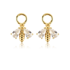 Elegant gold bee earrings with sparkling clear cubic zirconia on a white background