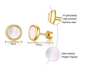 Detail view of 8mm gold plated stainless steel stud earrings with shell inlay