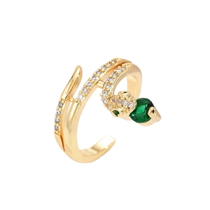 Elegant 18K gold-plated leopard open ring with sparkling white zircons and green gemstone eyes