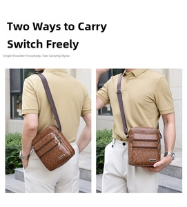 Detail view of brown PU leather men's crossbody bag with multiple zipper pockets
