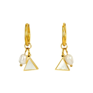 18K gold plated stainless steel hoop earrings with natural pearls and shell triangles