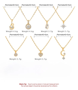 Specifications of seven golden copper necklaces with various pendants on white background