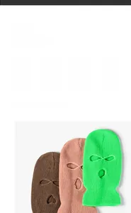 Three-hole knitted balaclava masks in brown, pink, and neon green with ribbed texture