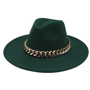 Detail of dark green wool fedora hat featuring a chunky gold acrylic chain band decoration