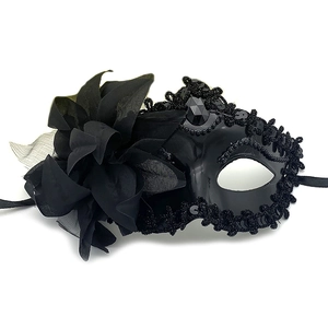 Elegant black masquerade half face mask with sequins and side fabric flower decoration