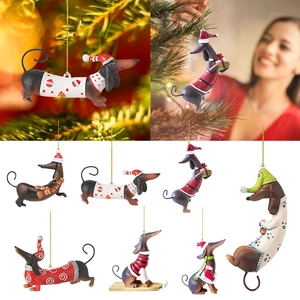 Dachshund Dog Christmas Hanging Ornament Acrylic Flat Cartoon Puppy Pendant For Christmas Tree Car Rearview Mirror Decor