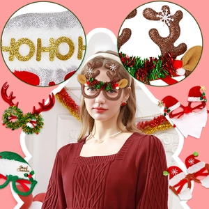 Colorful Christmas party glasses set featuring glitter reindeer antlers and festive motifs